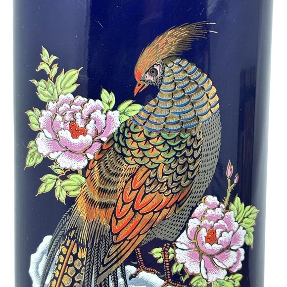 Vintage Japanese Vase Cobalt Pheasant Porcelain Vase Pink Florals Gold Trim - Picture 3 of 9